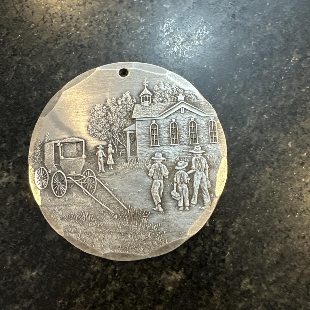 Vintage WENDELL AUGUST - aluminum - Amish buggy / church - Christmas ornament